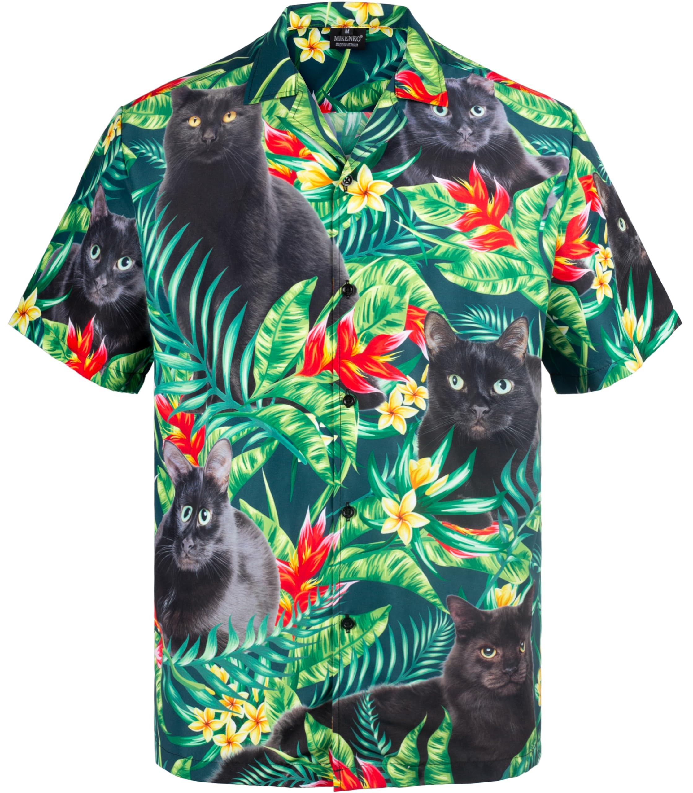MIKENKO Funny Hawaiian Shirt for Men Floral Black Cat Button Down Shirt Men Summer Short Sleeve Button Up Shirts for Men