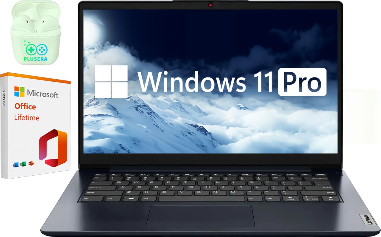 Lenovo IdeaPad 14" Essential Business Laptop Computer 4GB RAM 384GB Storage (256GB SSD+128GB eMMC) Intel Dual Core Processor Windows 11 Pro with Microsoft Office Lifetime Suite PLUSERA Earphones