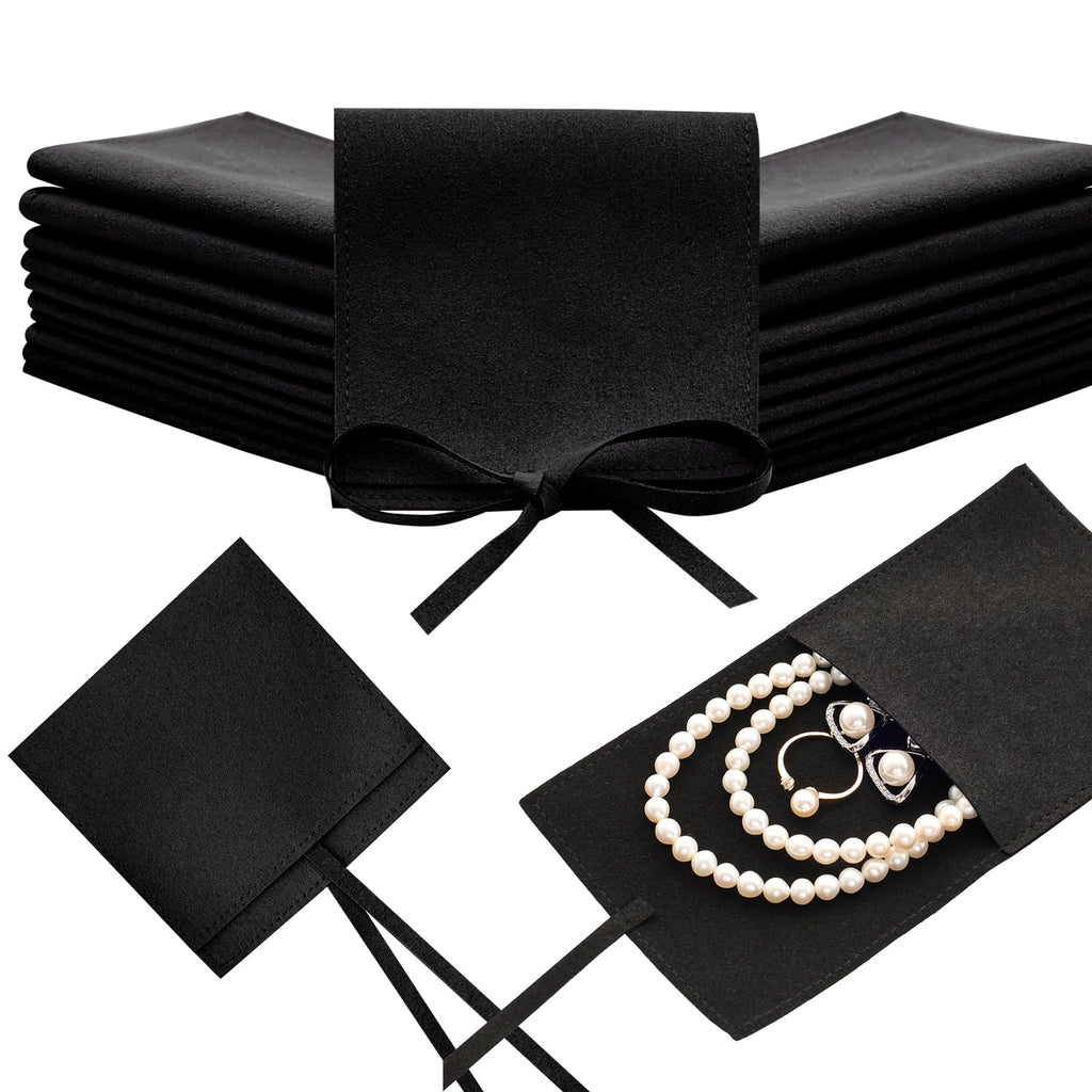 Heliltd 12pcs Microfiber Jewelry Pouch 8x8cm Microfiber Jewelry Bags Bulk Microfiber Jewelry Packaging Bag Small Gift Pouches Mini Gift Bag for Jewelry Envelope Style with Strings (Black)
